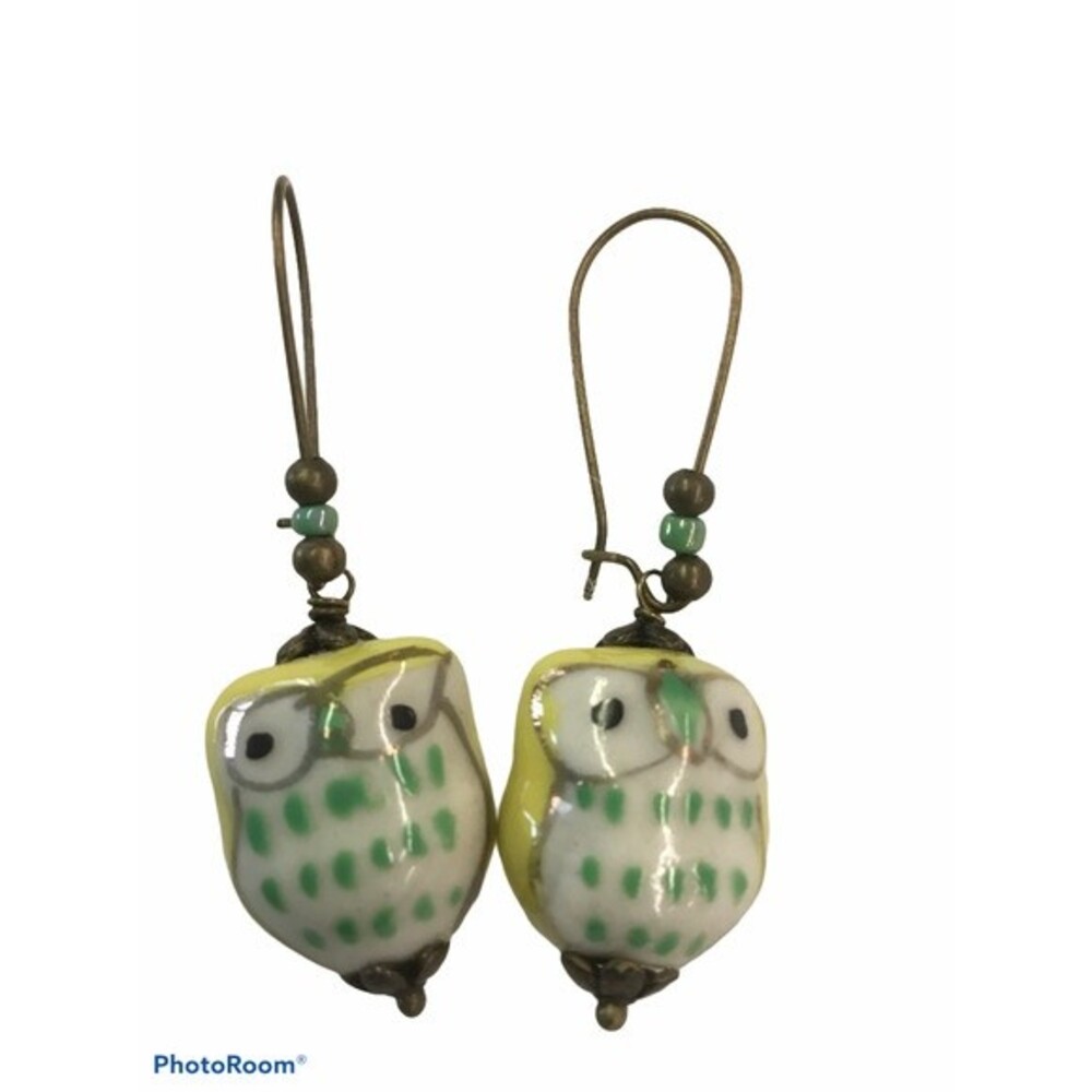 Yellow and Green Spotted Owl Earrings